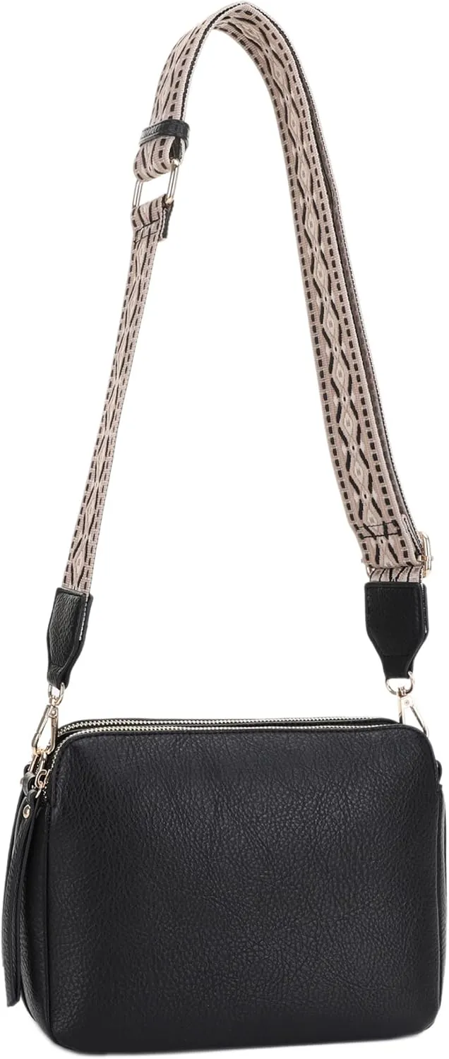SG SUGU Triple Compartment Crossbody Bag for Women Trendy Vegan Leather Shoulder Bag with 2 inch Wide Guitar Strap