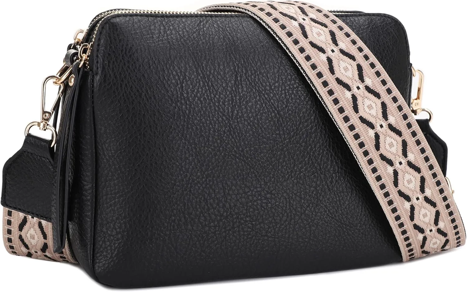 SG SUGU Triple Compartment Crossbody Bag for Women Trendy Vegan Leather Shoulder Bag with 2 inch Wide Guitar Strap