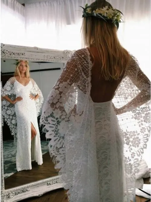 Sheath V-Neck Backless Wraps Lace Beach Wedding Dress with Split PFW0436