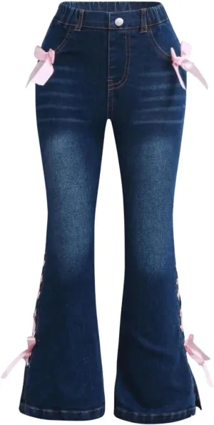SHENHE Girl's High Waisted Flare Leg Jeans Split Raw Hem Denim Pants with Pockets