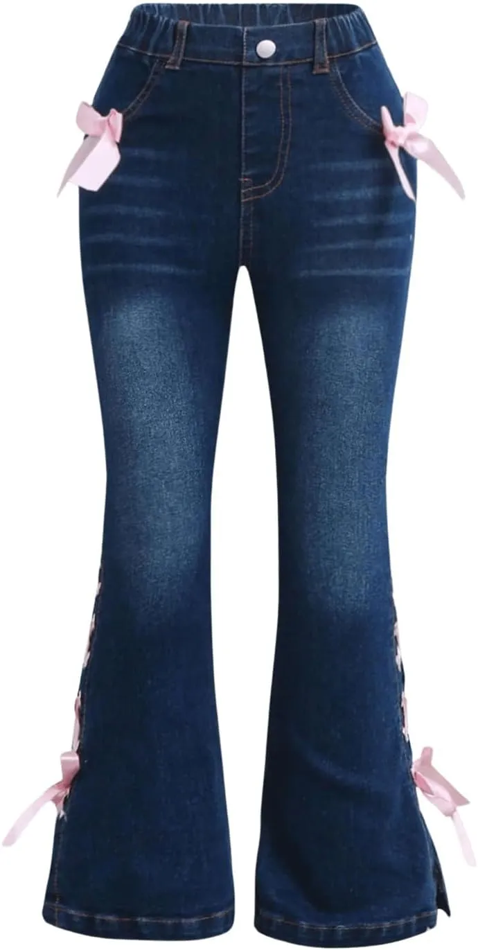 SHENHE Girl's High Waisted Flare Leg Jeans Split Raw Hem Denim Pants with Pockets