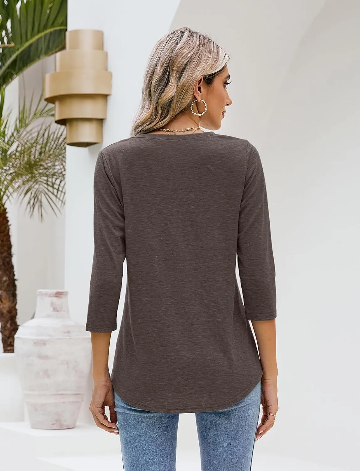 Sherosa Womens V Neck 3/4 Sleeve T Shirts Loose Fit Shirts Casual Solid Basic Tops Tees Blouses