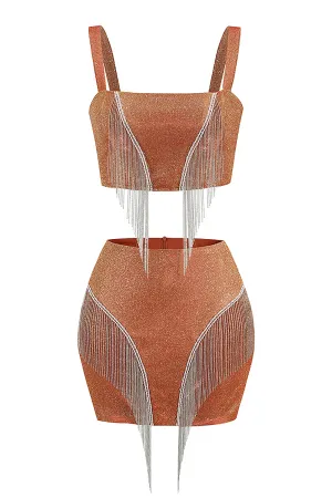 Shiny Glitter Tassel Sleeveless Crop Tops Mini Skirts