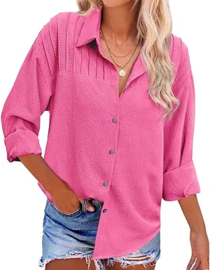 Shirts for Women Long Sleeve Button Down Top Pocket Collared Tunic Solid Loose Casual Daily Womens Fashion Blouses