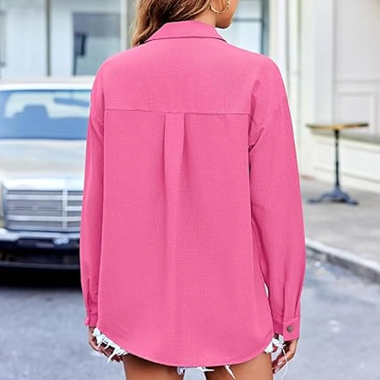 Shirts for Women Long Sleeve Button Down Top Pocket Collared Tunic Solid Loose Casual Daily Womens Fashion Blouses