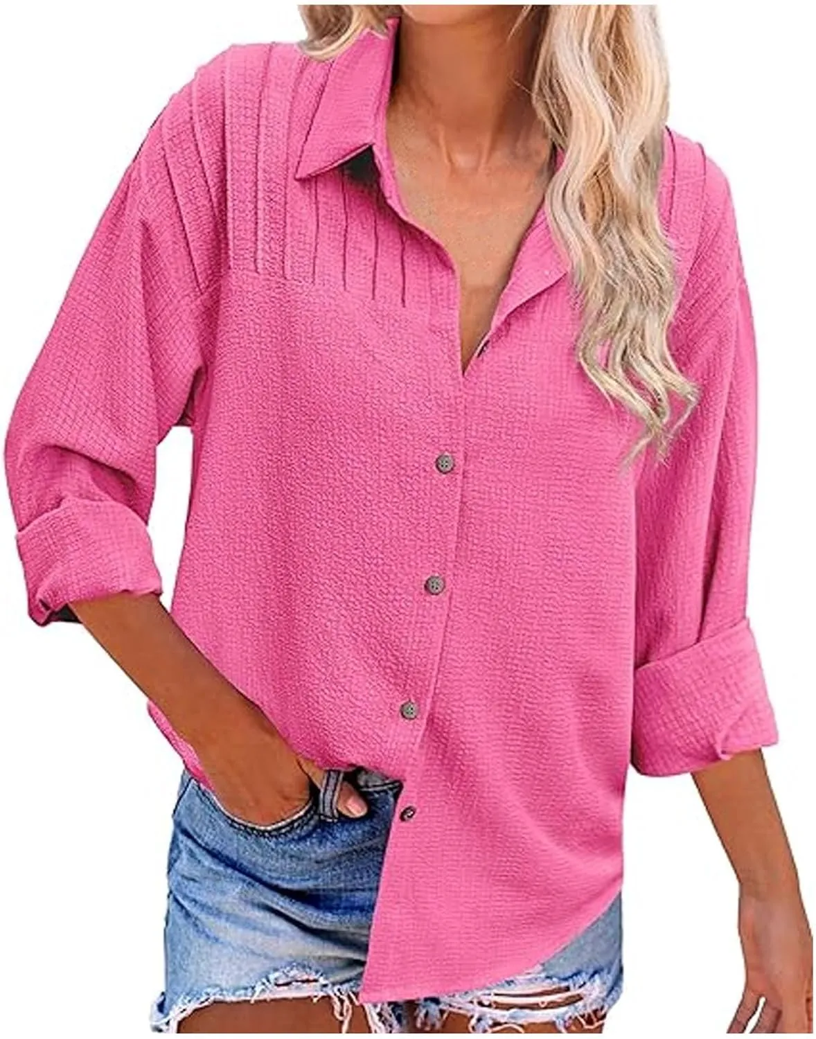 Shirts for Women Long Sleeve Button Down Top Pocket Collared Tunic Solid Loose Casual Daily Womens Fashion Blouses