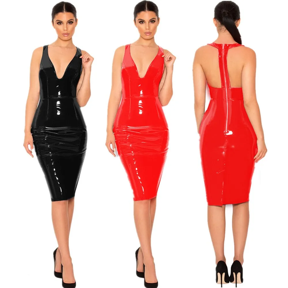 Shop the Hottest Trend S-6XL Shiny Vinyl Latex Leather Dress for Women | Sexy V-Neck Backless Bodycon Dresses | Elegant Party Clubwear