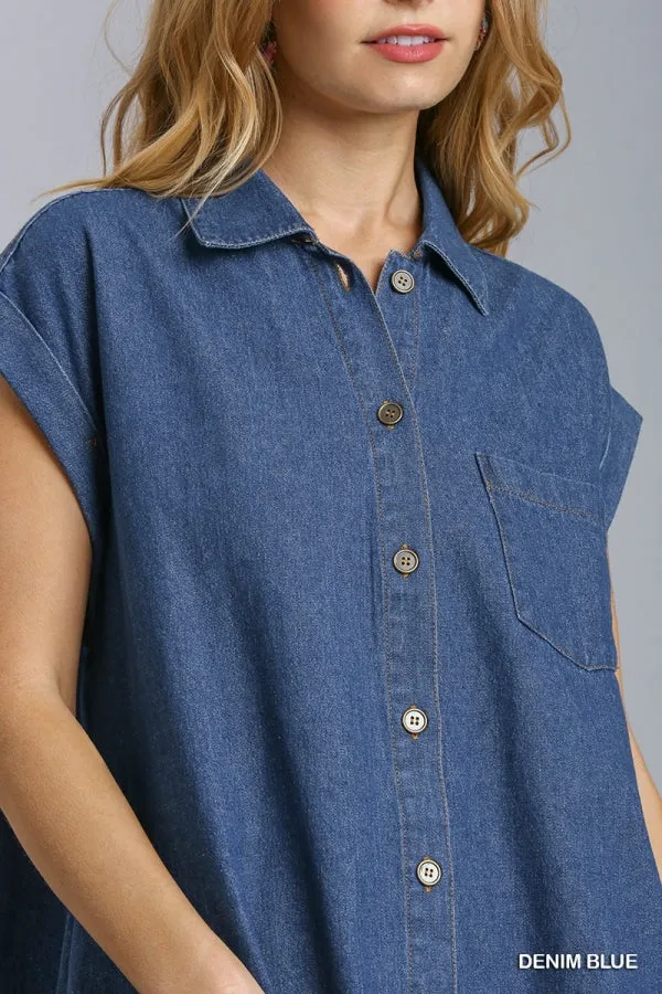 Short Sleeve Collared Button Down Shirt Denim Dress