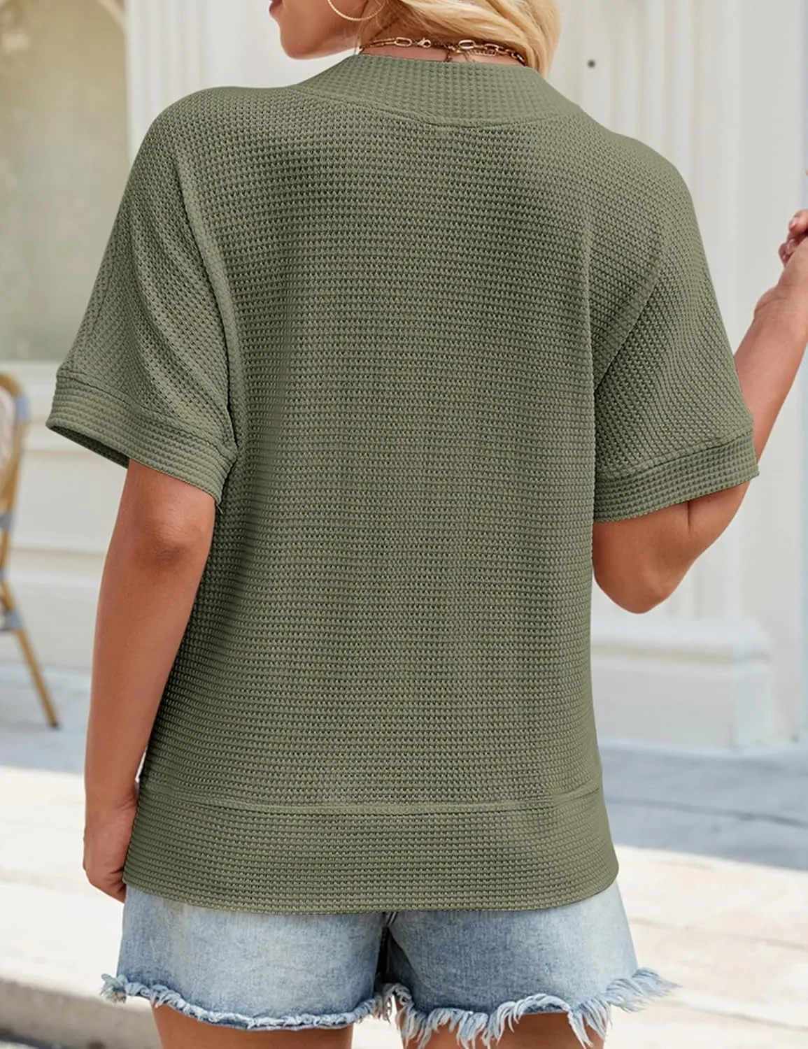 SimpleFun Womens Summer Tops Short Sleeve V Neck Waffle Knit Button Down Shirts Dressy Casual Blouses