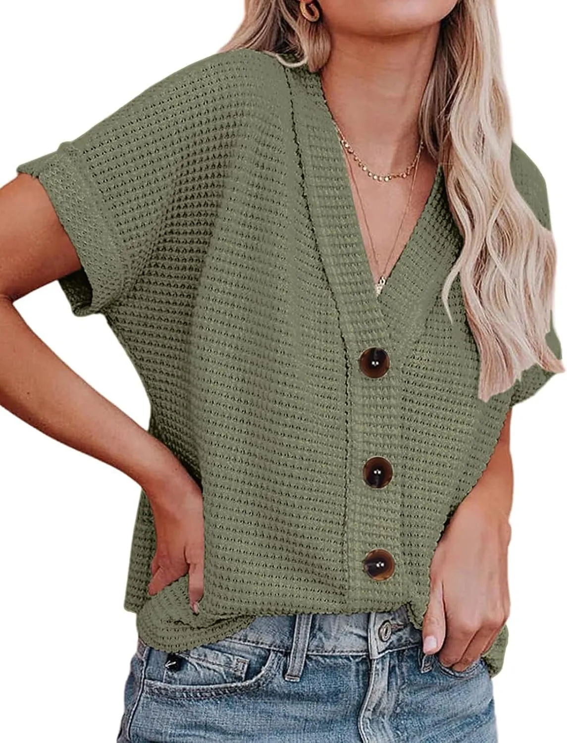 SimpleFun Womens Summer Tops Short Sleeve V Neck Waffle Knit Button Down Shirts Dressy Casual Blouses