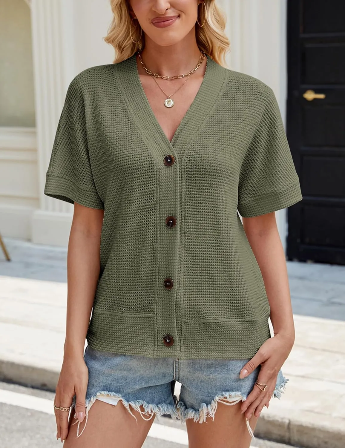 SimpleFun Womens Summer Tops Short Sleeve V Neck Waffle Knit Button Down Shirts Dressy Casual Blouses