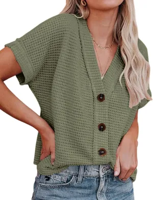 SimpleFun Womens Summer Tops Short Sleeve V Neck Waffle Knit Button Down Shirts Dressy Casual Blouses