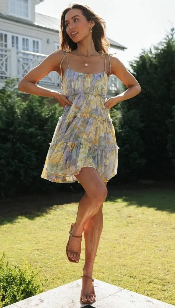 Sister Amy Women's Summer Floral Mini Dress Boho Flowy Skater Dresses Short Sleeveless Ruffle Spaghetti Strap Dress