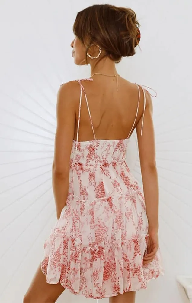 Sister Amy Women's Summer Floral Mini Dress Boho Flowy Skater Dresses Short Sleeveless Ruffle Spaghetti Strap Dress
