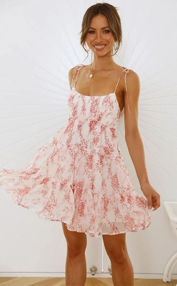 Sister Amy Women's Summer Floral Mini Dress Boho Flowy Skater Dresses Short Sleeveless Ruffle Spaghetti Strap Dress