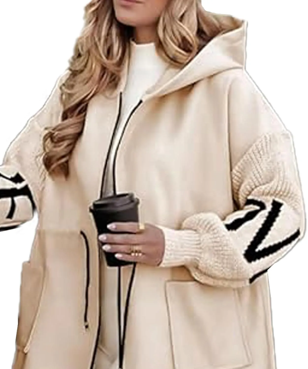 SOMTHRON Women's Hooded Trench Coat Knitted Long Sleeve Zip Up Oversized Jacket Casual Drawstring Waist Overcoat