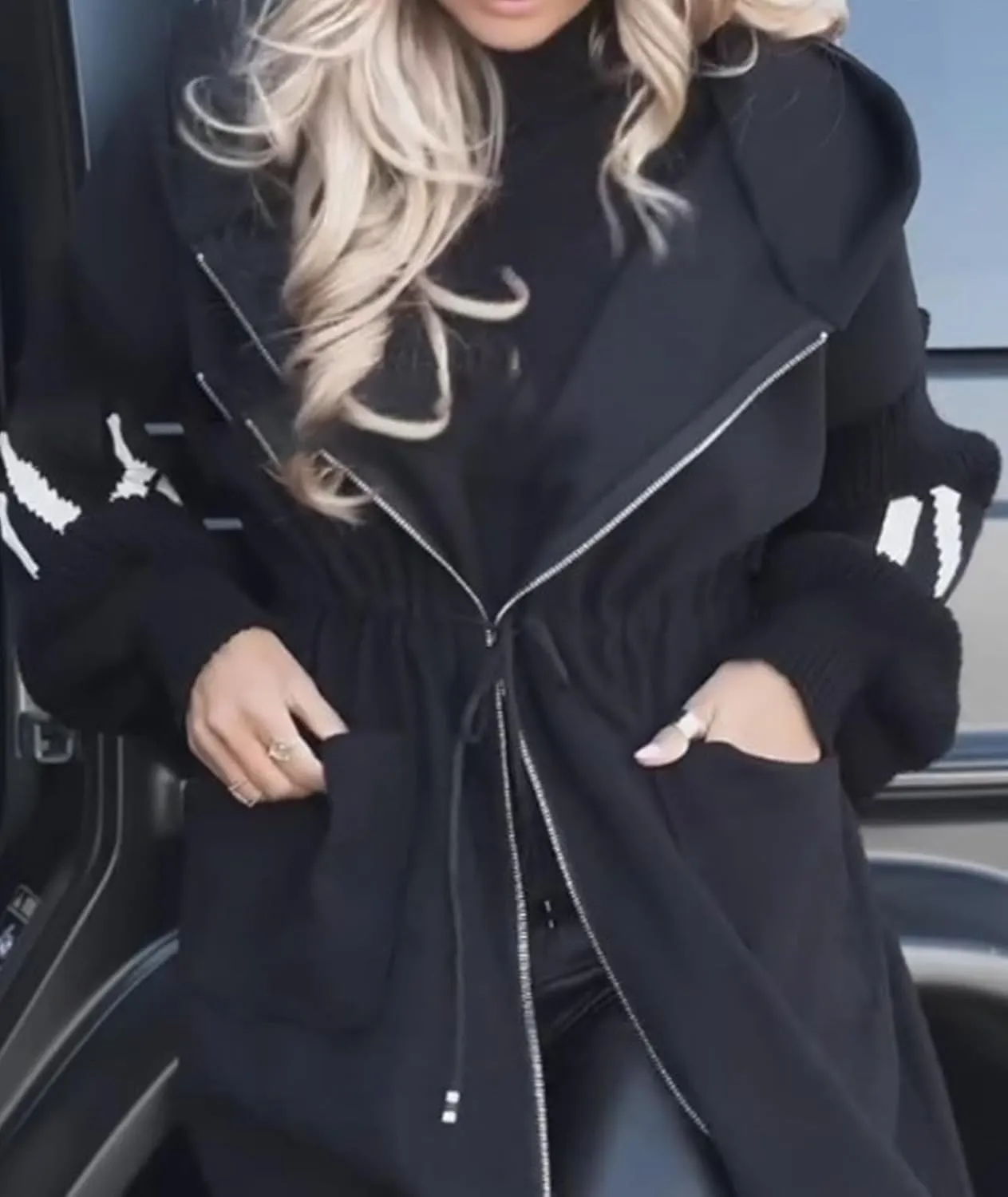 SOMTHRON Women's Hooded Trench Coat Knitted Long Sleeve Zip Up Oversized Jacket Casual Drawstring Waist Overcoat