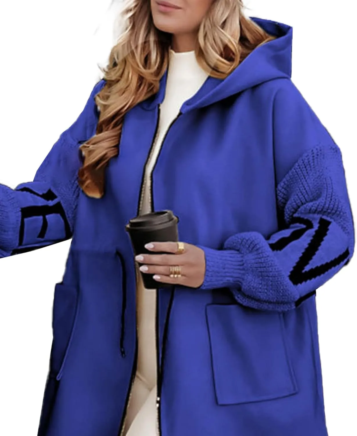 SOMTHRON Women's Hooded Trench Coat Knitted Long Sleeve Zip Up Oversized Jacket Casual Drawstring Waist Overcoat