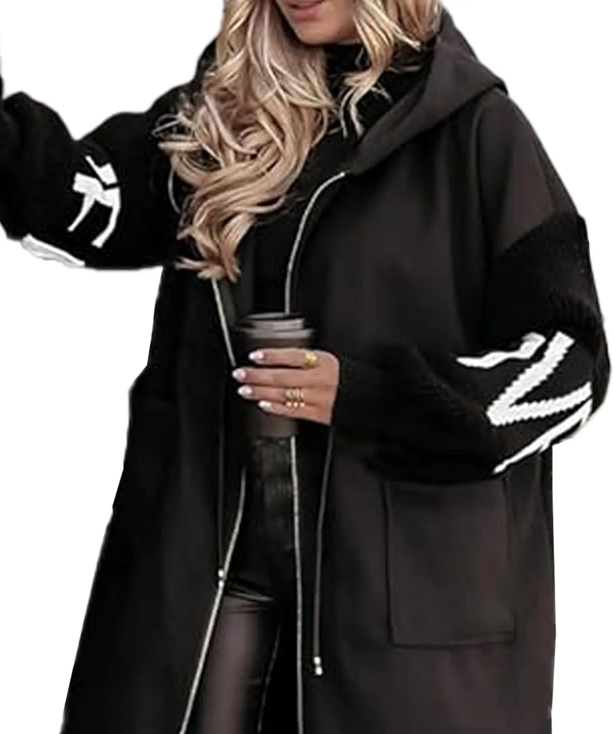 SOMTHRON Women's Hooded Trench Coat Knitted Long Sleeve Zip Up Oversized Jacket Casual Drawstring Waist Overcoat