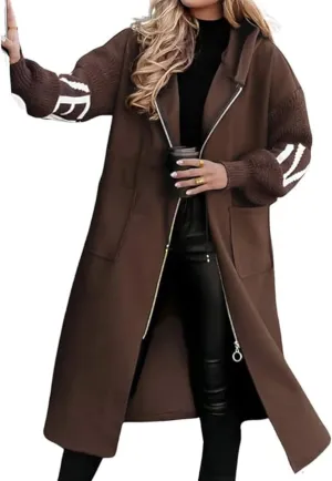 SOMTHRON Women's Hooded Trench Coat Knitted Long Sleeve Zip Up Oversized Jacket Casual Drawstring Waist Overcoat