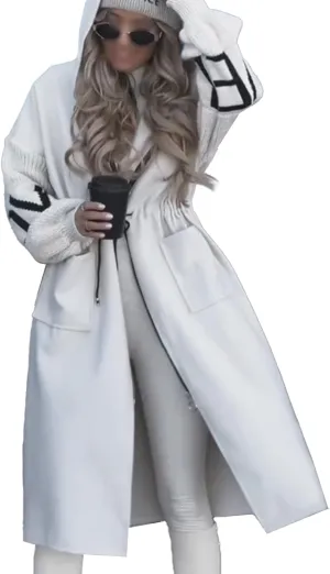 SOMTHRON Women's Hooded Trench Coat Knitted Long Sleeve Zip Up Oversized Jacket Casual Drawstring Waist Overcoat