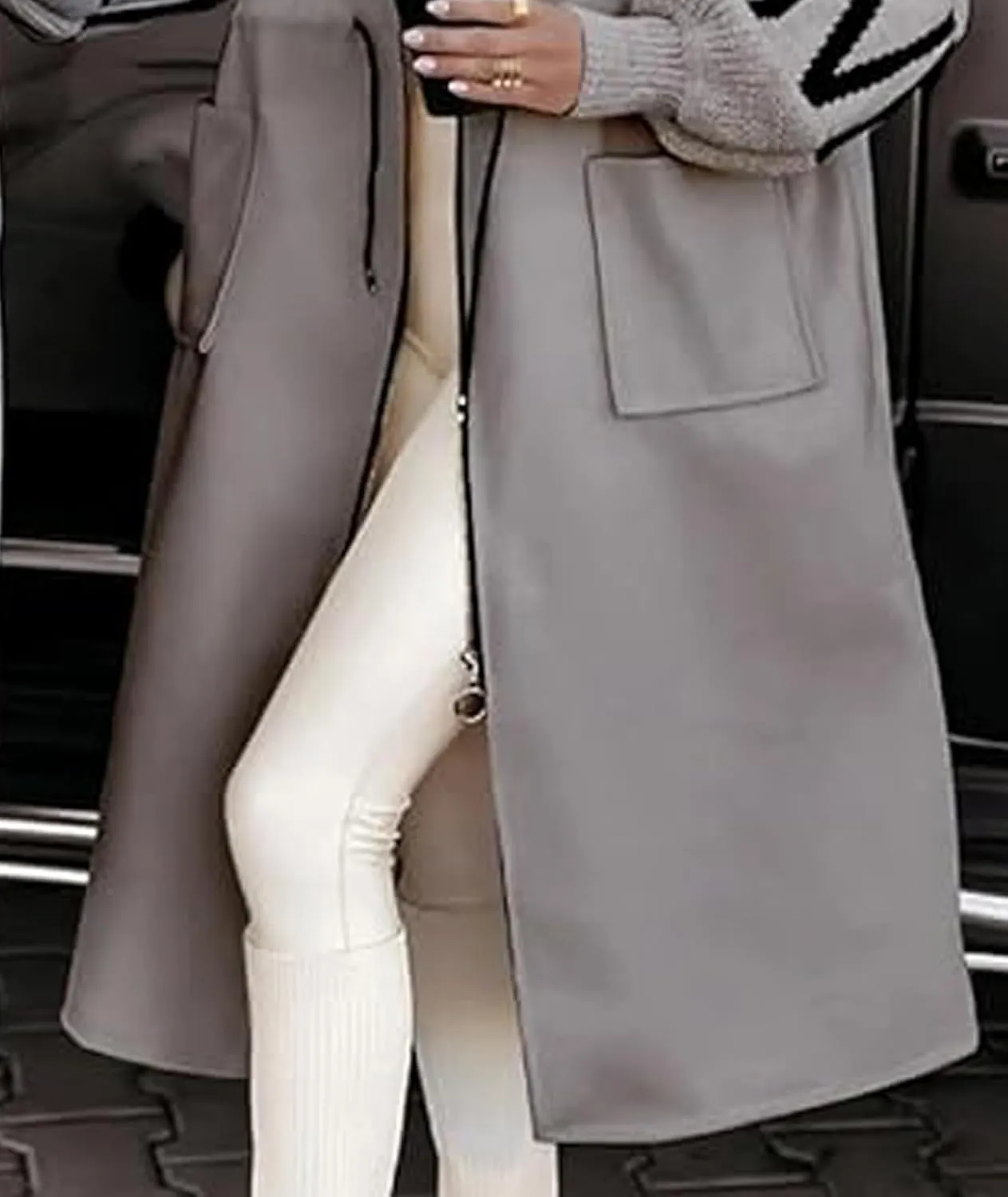 SOMTHRON Women's Hooded Trench Coat Knitted Long Sleeve Zip Up Oversized Jacket Casual Drawstring Waist Overcoat