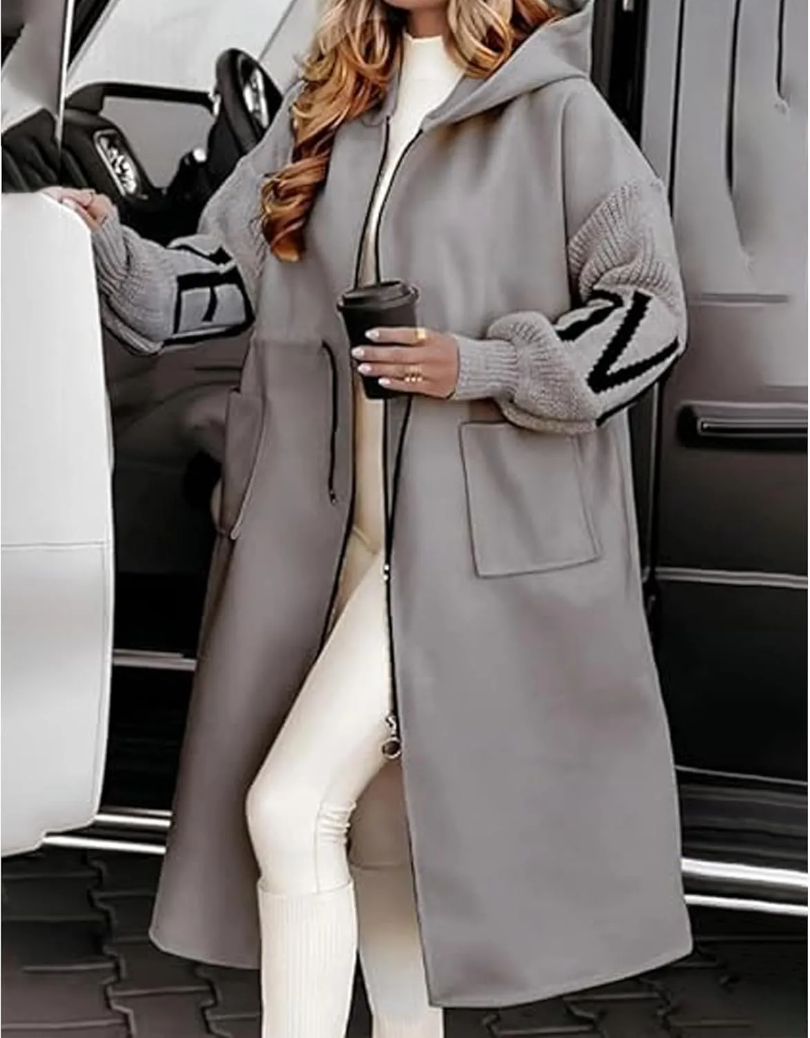 SOMTHRON Women's Hooded Trench Coat Knitted Long Sleeve Zip Up Oversized Jacket Casual Drawstring Waist Overcoat
