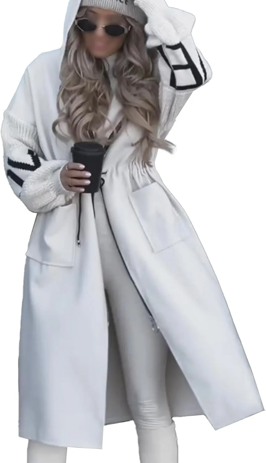 SOMTHRON Women's Hooded Trench Coat Knitted Long Sleeve Zip Up Oversized Jacket Casual Drawstring Waist Overcoat