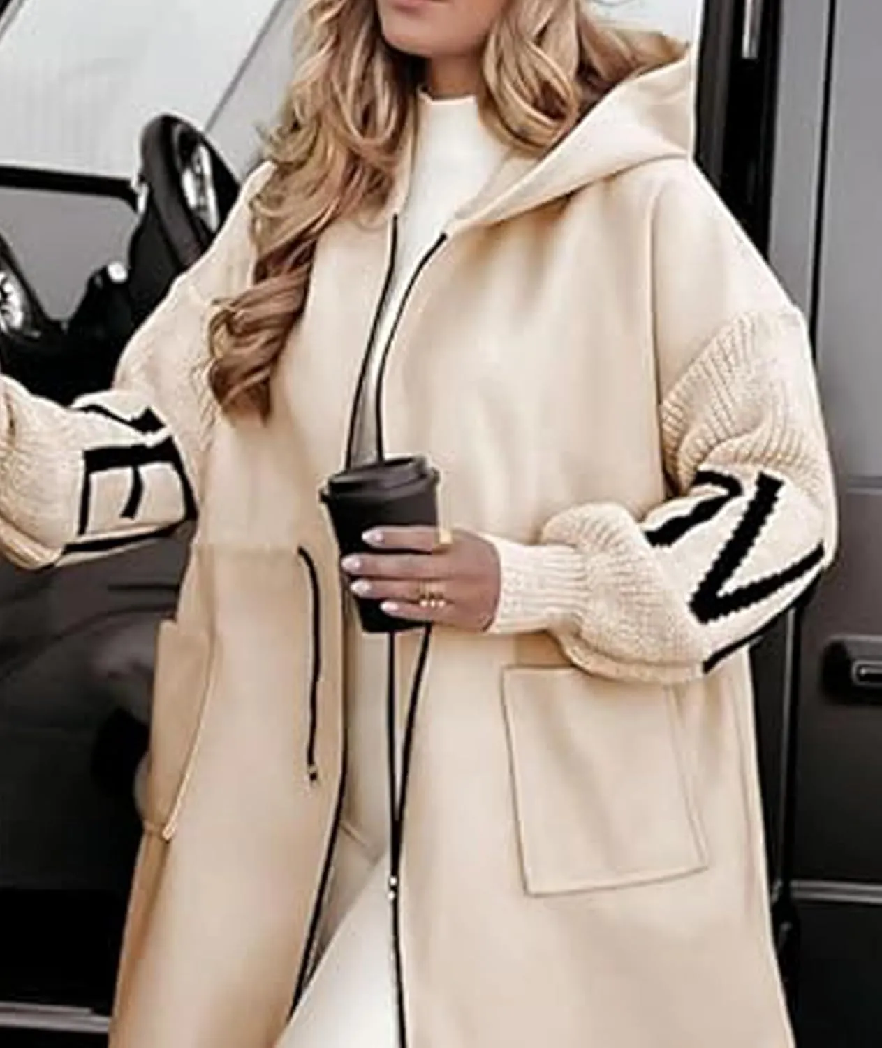 SOMTHRON Women's Hooded Trench Coat Knitted Long Sleeve Zip Up Oversized Jacket Casual Drawstring Waist Overcoat