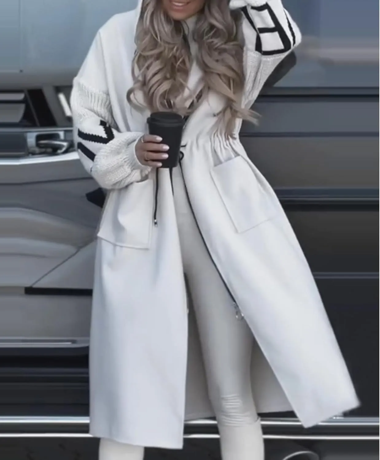 SOMTHRON Women's Hooded Trench Coat Knitted Long Sleeve Zip Up Oversized Jacket Casual Drawstring Waist Overcoat
