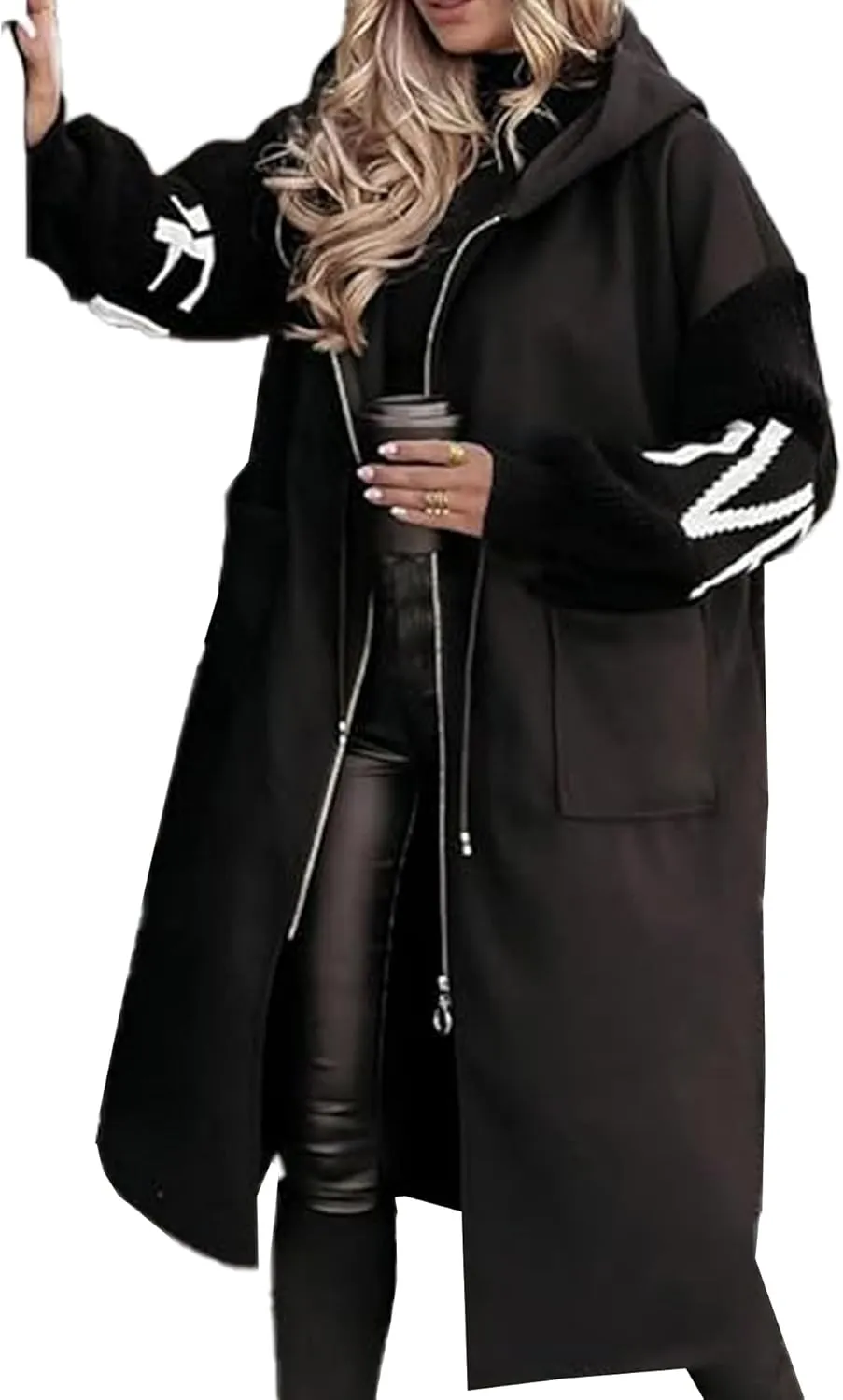 SOMTHRON Women's Hooded Trench Coat Knitted Long Sleeve Zip Up Oversized Jacket Casual Drawstring Waist Overcoat