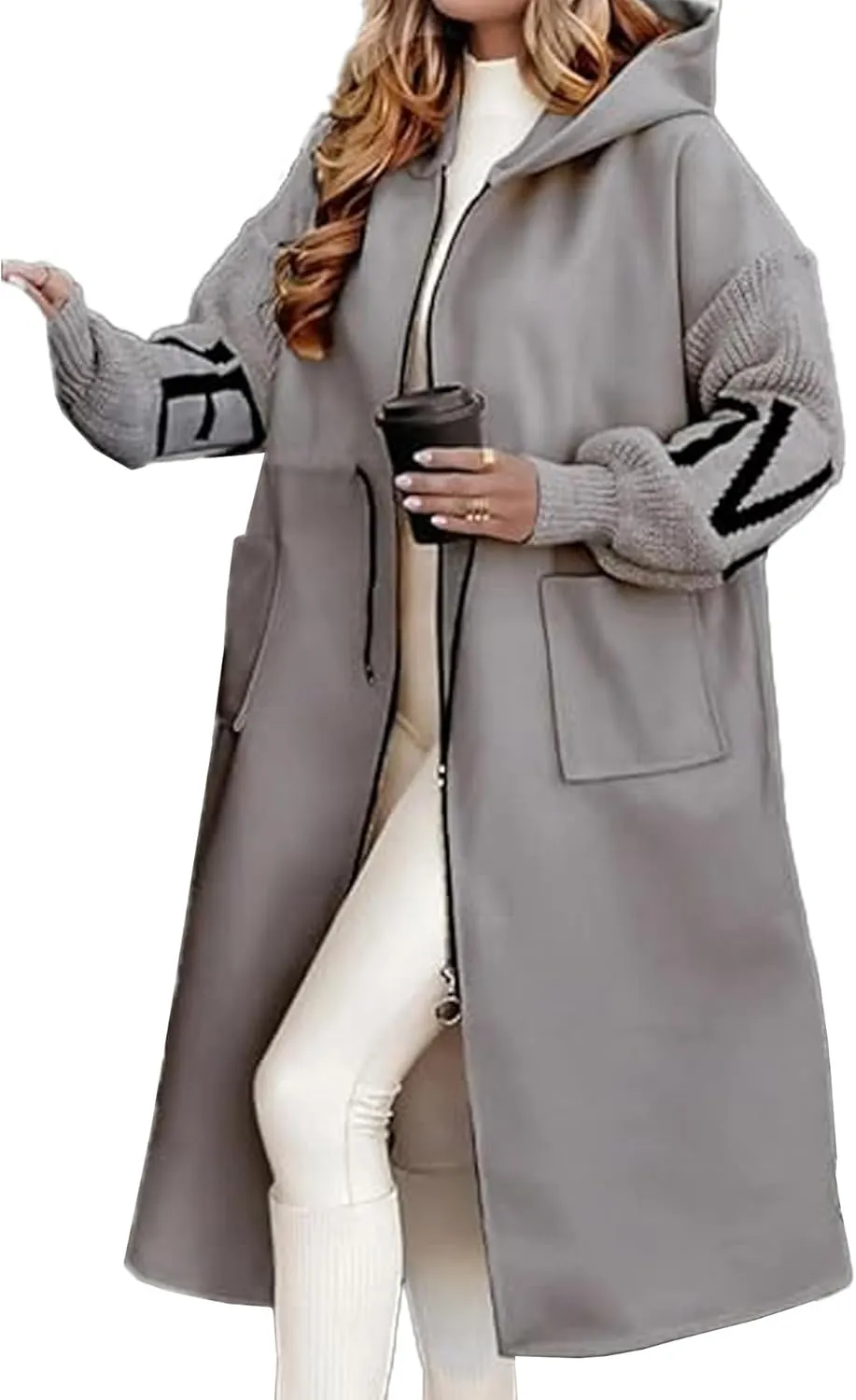 SOMTHRON Women's Hooded Trench Coat Knitted Long Sleeve Zip Up Oversized Jacket Casual Drawstring Waist Overcoat