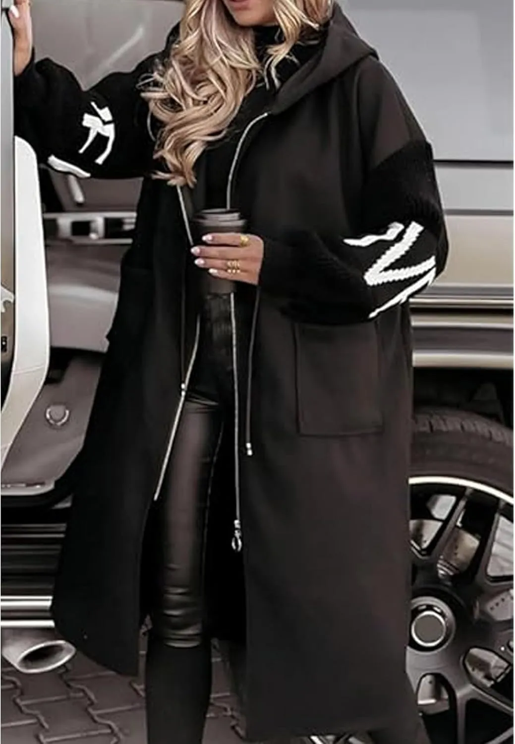 SOMTHRON Women's Hooded Trench Coat Knitted Long Sleeve Zip Up Oversized Jacket Casual Drawstring Waist Overcoat