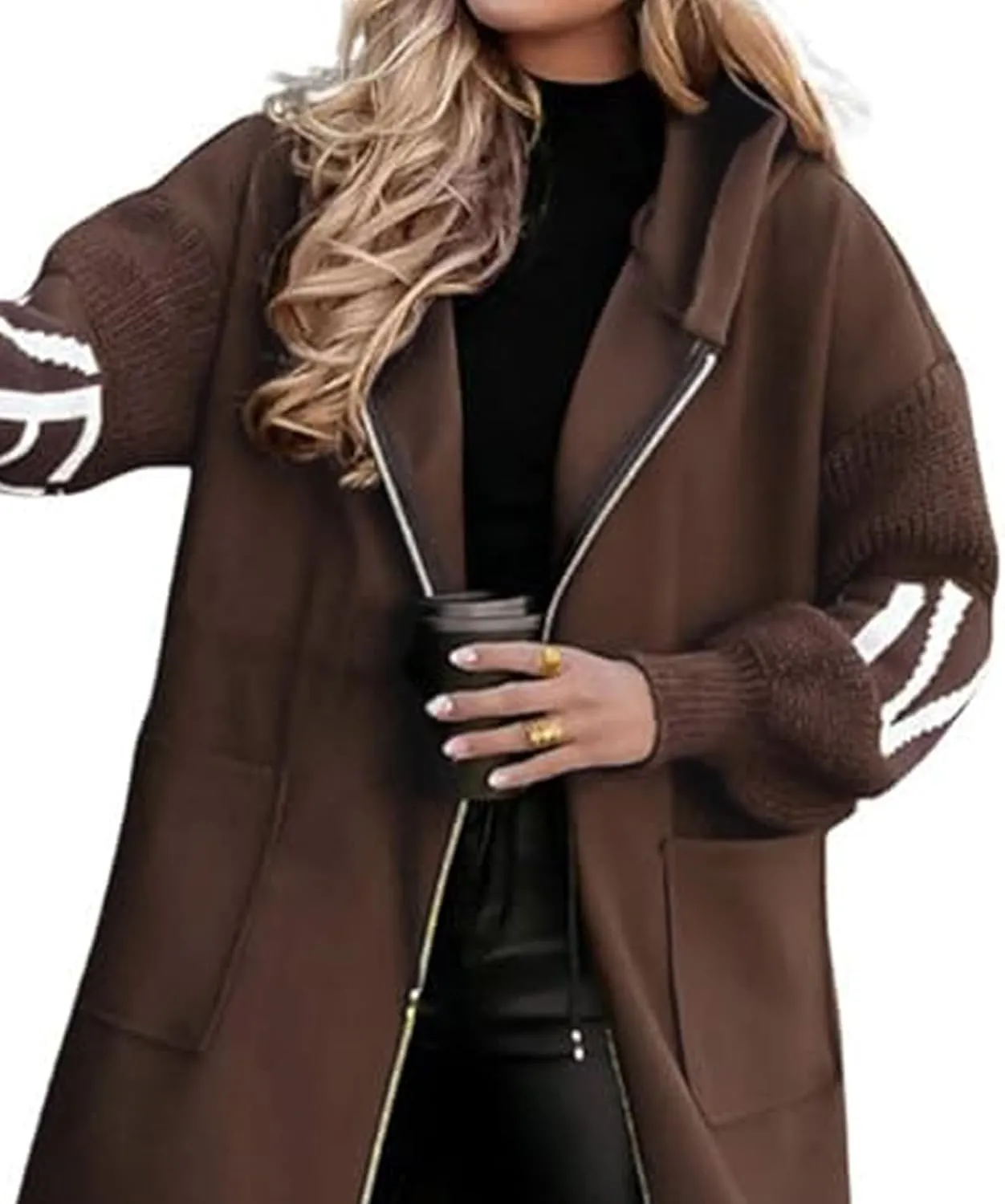 SOMTHRON Women's Hooded Trench Coat Knitted Long Sleeve Zip Up Oversized Jacket Casual Drawstring Waist Overcoat
