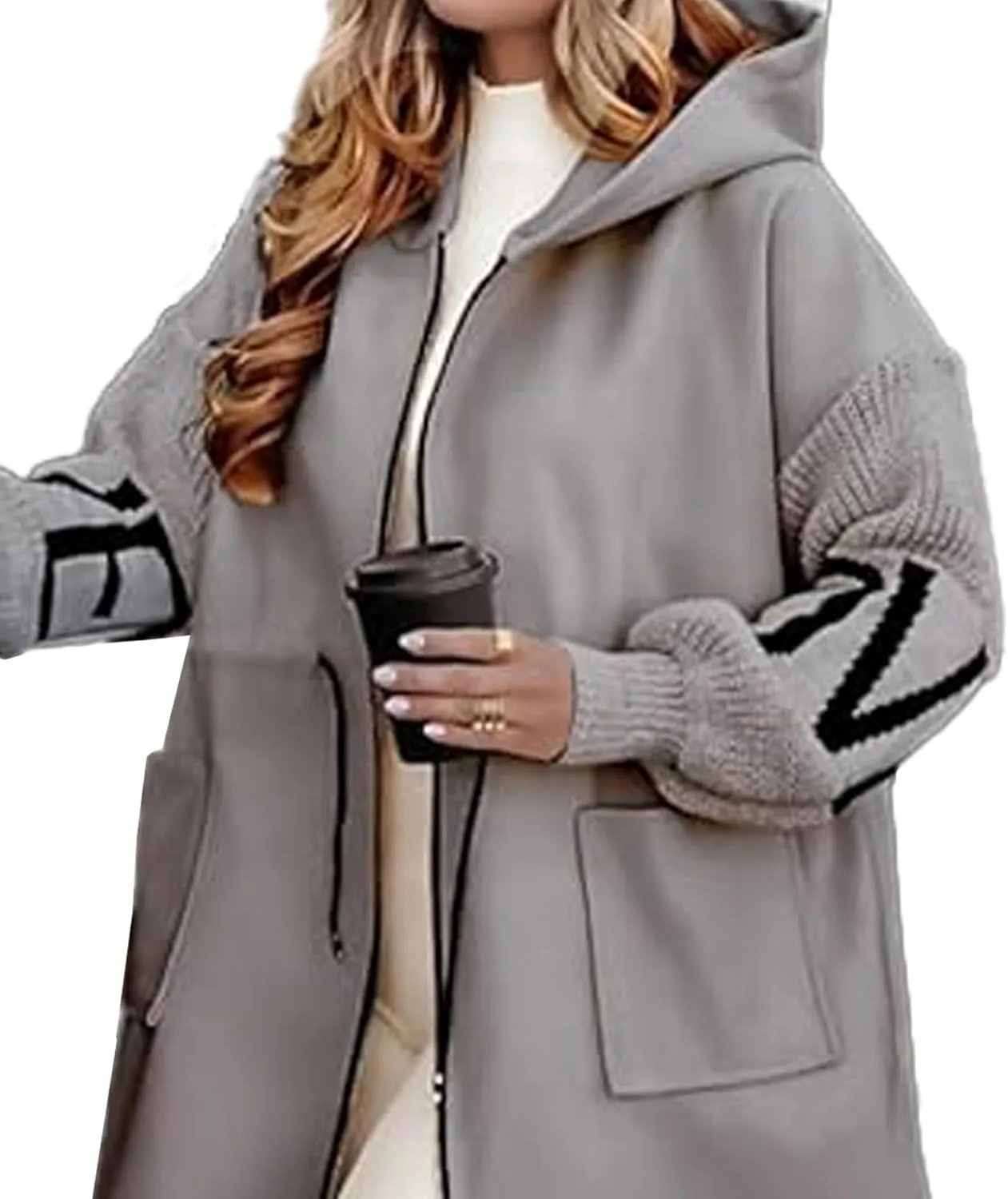 SOMTHRON Women's Hooded Trench Coat Knitted Long Sleeve Zip Up Oversized Jacket Casual Drawstring Waist Overcoat