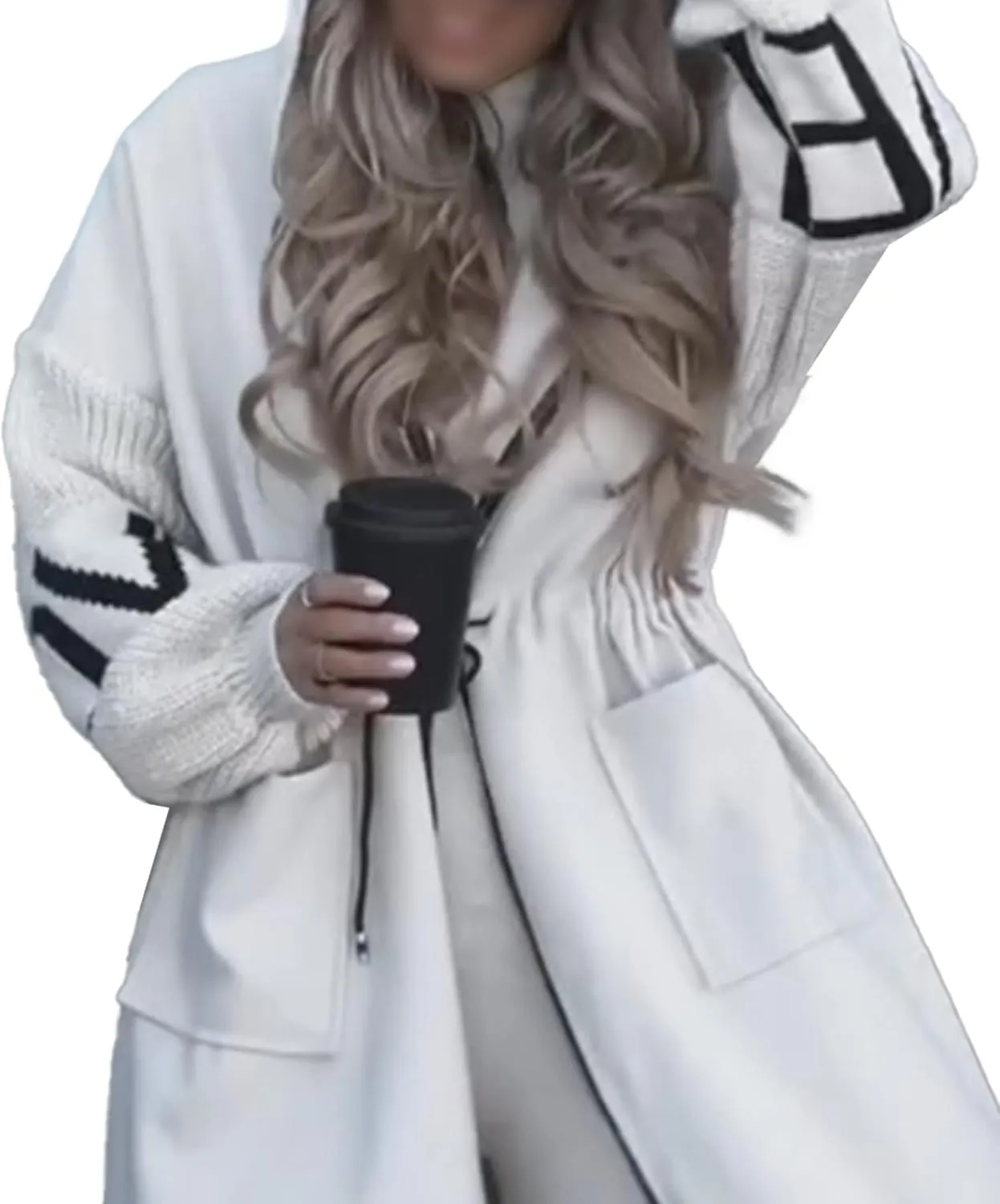 SOMTHRON Women's Hooded Trench Coat Knitted Long Sleeve Zip Up Oversized Jacket Casual Drawstring Waist Overcoat