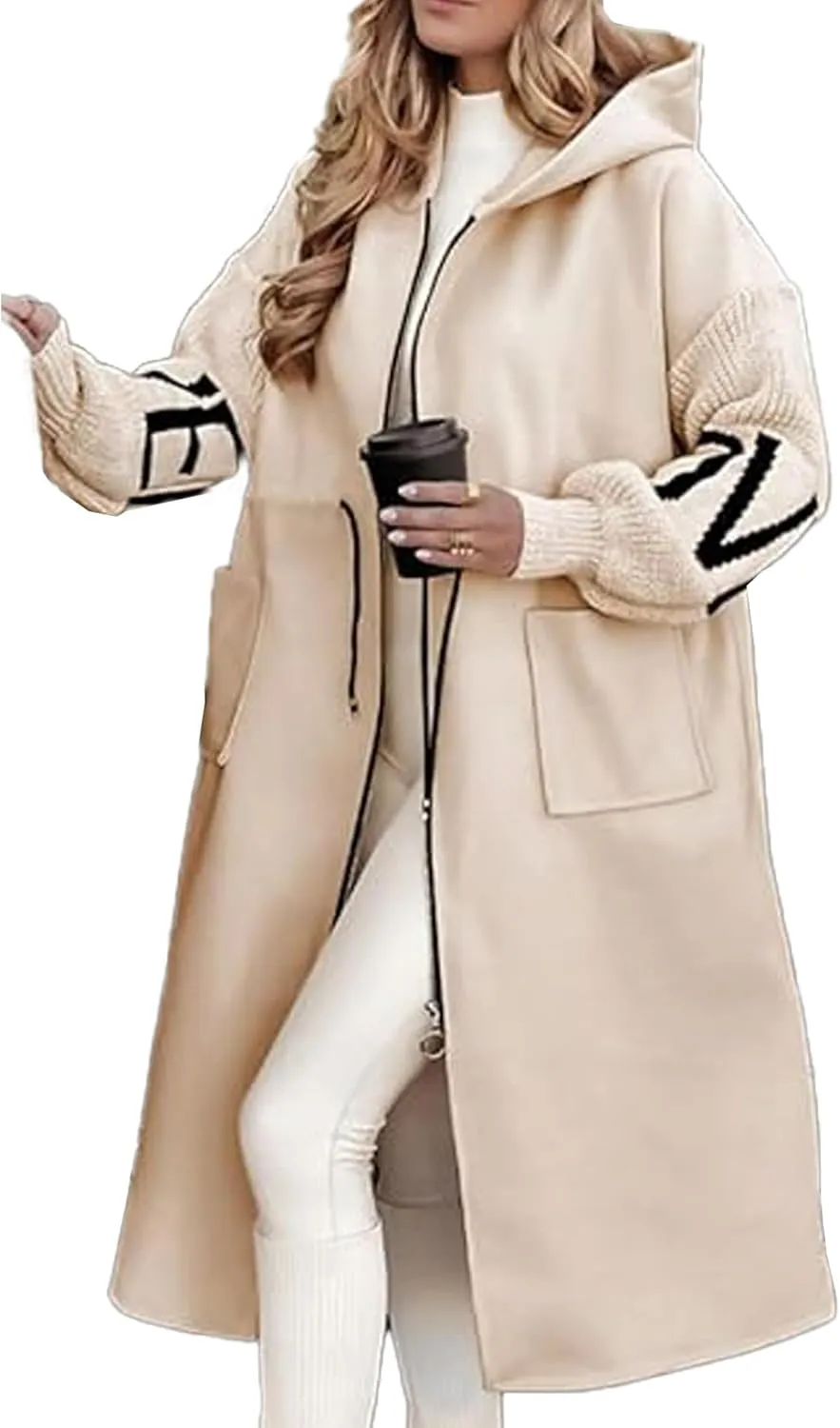 SOMTHRON Women's Hooded Trench Coat Knitted Long Sleeve Zip Up Oversized Jacket Casual Drawstring Waist Overcoat