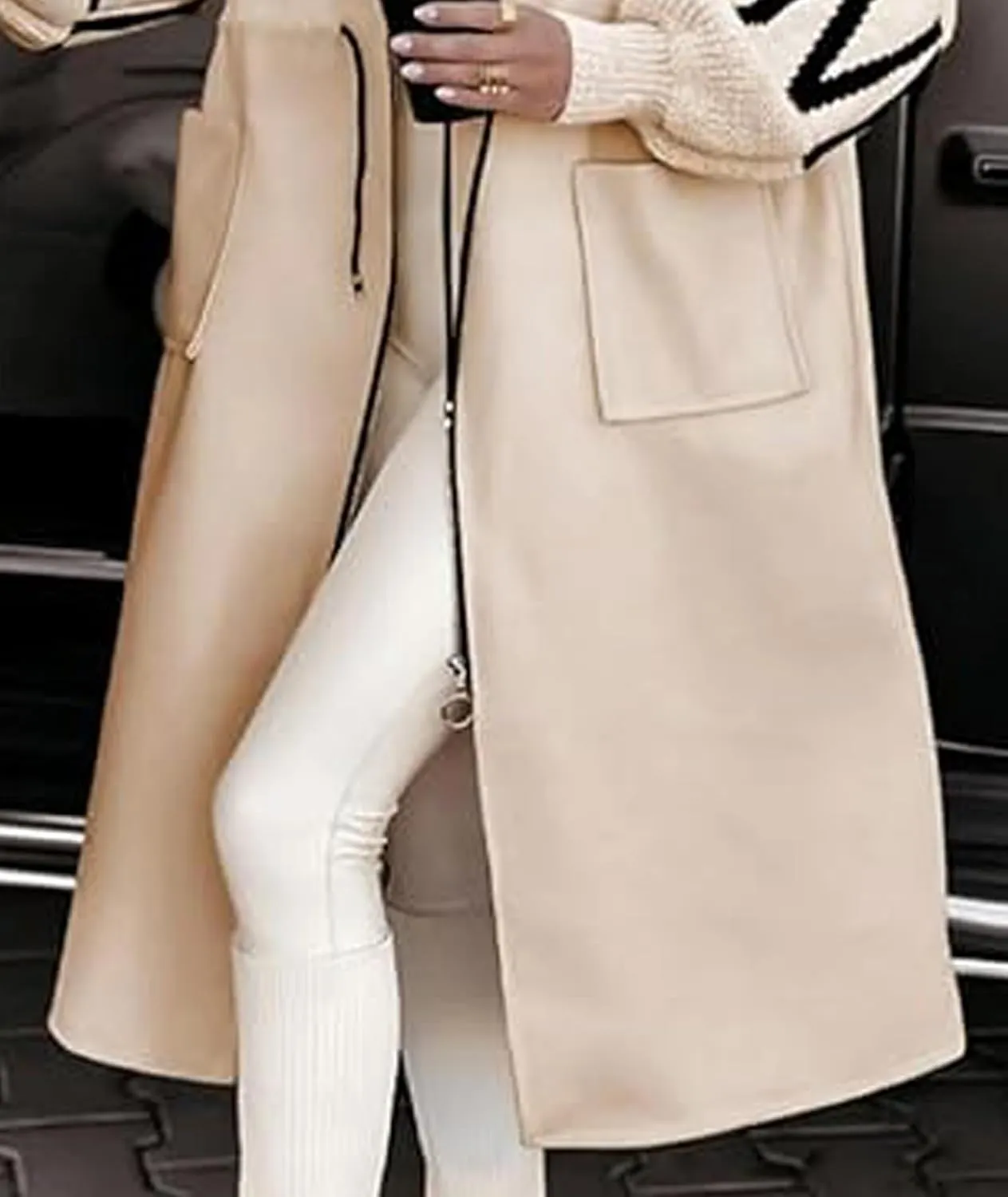 SOMTHRON Women's Hooded Trench Coat Knitted Long Sleeve Zip Up Oversized Jacket Casual Drawstring Waist Overcoat