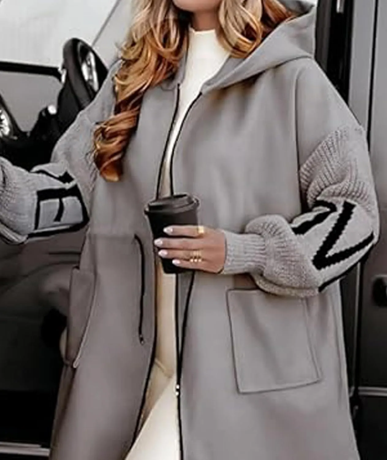 SOMTHRON Women's Hooded Trench Coat Knitted Long Sleeve Zip Up Oversized Jacket Casual Drawstring Waist Overcoat