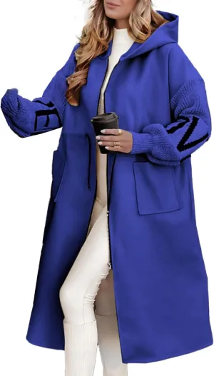 SOMTHRON Women's Hooded Trench Coat Knitted Long Sleeve Zip Up Oversized Jacket Casual Drawstring Waist Overcoat