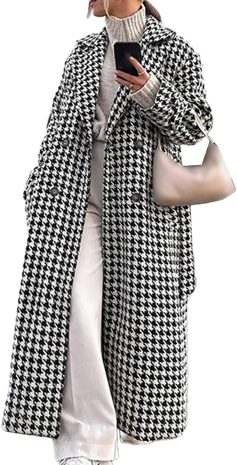 SOMTHRON Women's Houndstooth Trench Coat Double Breasted Notch Lapel Jacket Pea Coat Winter Long Overcoat with Belt