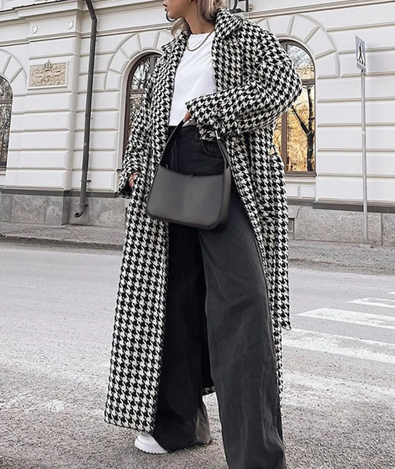SOMTHRON Women's Houndstooth Trench Coat Double Breasted Notch Lapel Jacket Pea Coat Winter Long Overcoat with Belt