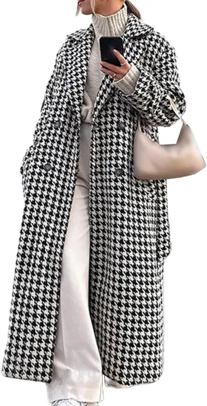 SOMTHRON Women's Houndstooth Trench Coat Double Breasted Notch Lapel Jacket Pea Coat Winter Long Overcoat with Belt