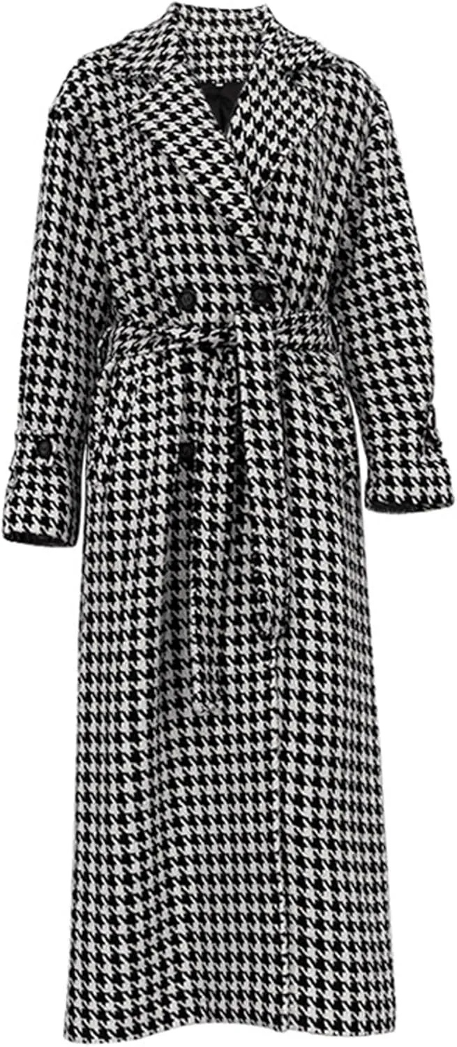 SOMTHRON Women's Houndstooth Trench Coat Double Breasted Notch Lapel Jacket Pea Coat Winter Long Overcoat with Belt