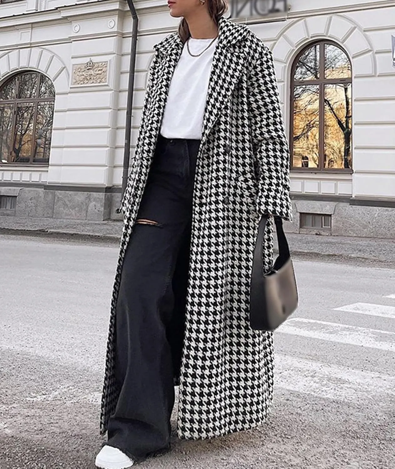 SOMTHRON Women's Houndstooth Trench Coat Double Breasted Notch Lapel Jacket Pea Coat Winter Long Overcoat with Belt