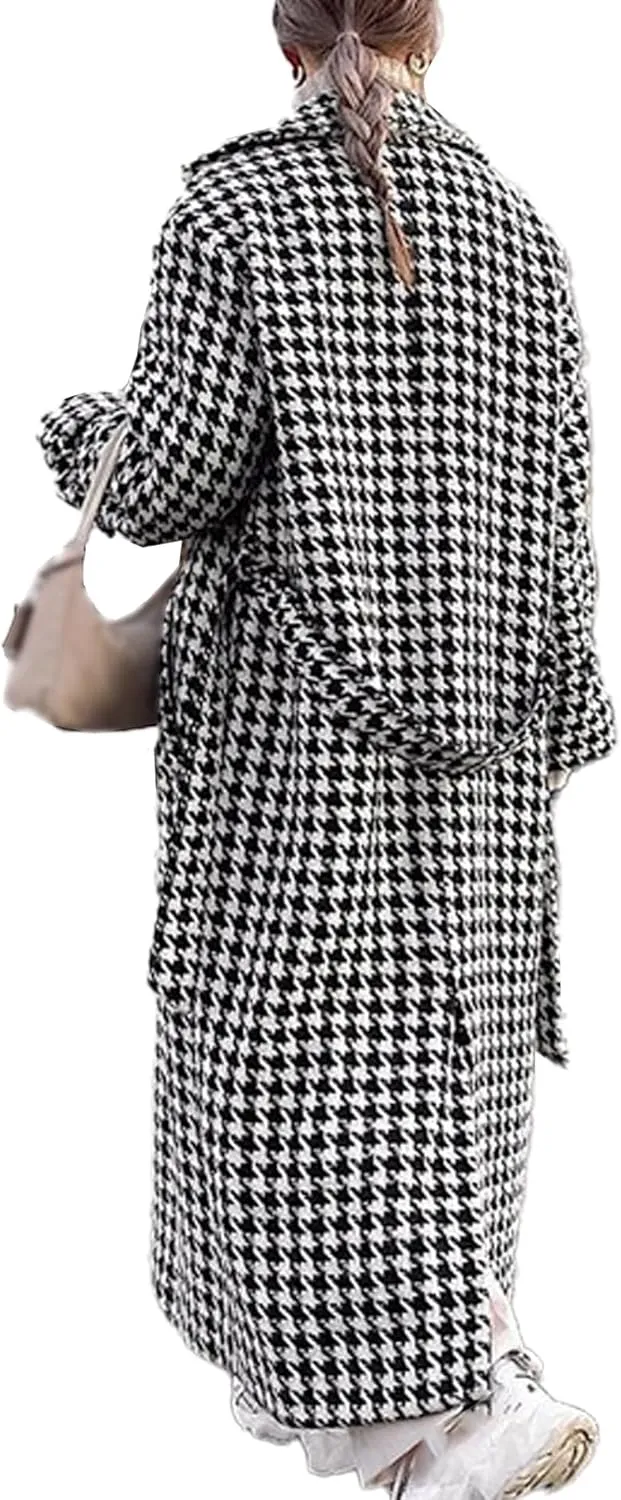 SOMTHRON Women's Houndstooth Trench Coat Double Breasted Notch Lapel Jacket Pea Coat Winter Long Overcoat with Belt