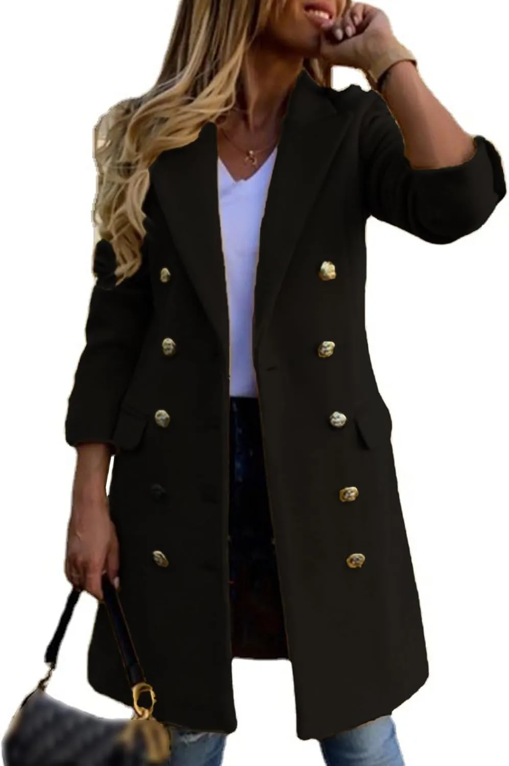 SOMTHRON Women's Winter Trench Coat Double Breasted Notched Lapel Peacoat Jacket Casual Long Overcoat