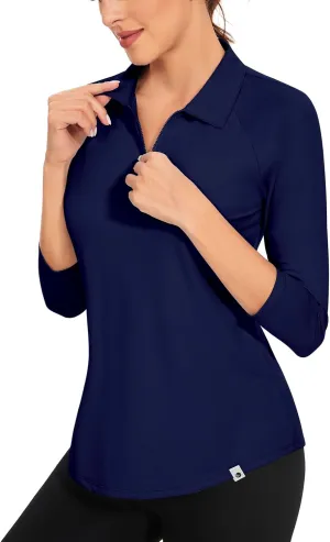 Soneven Womens 3/4 Sleeve Golf Shirts Moisture Wicking Long Sleeve Golf Polo Shirts UPF50  Tennis Tops