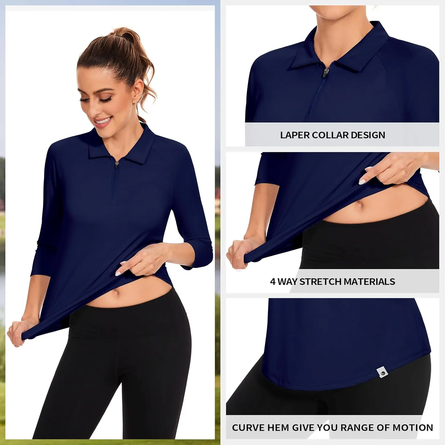 Soneven Womens 3/4 Sleeve Golf Shirts Moisture Wicking Long Sleeve Golf Polo Shirts UPF50  Tennis Tops
