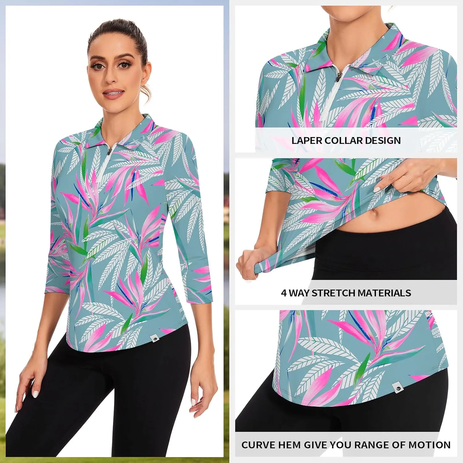 Soneven Womens 3/4 Sleeve Golf Shirts Moisture Wicking Long Sleeve Golf Polo Shirts UPF50  Tennis Tops